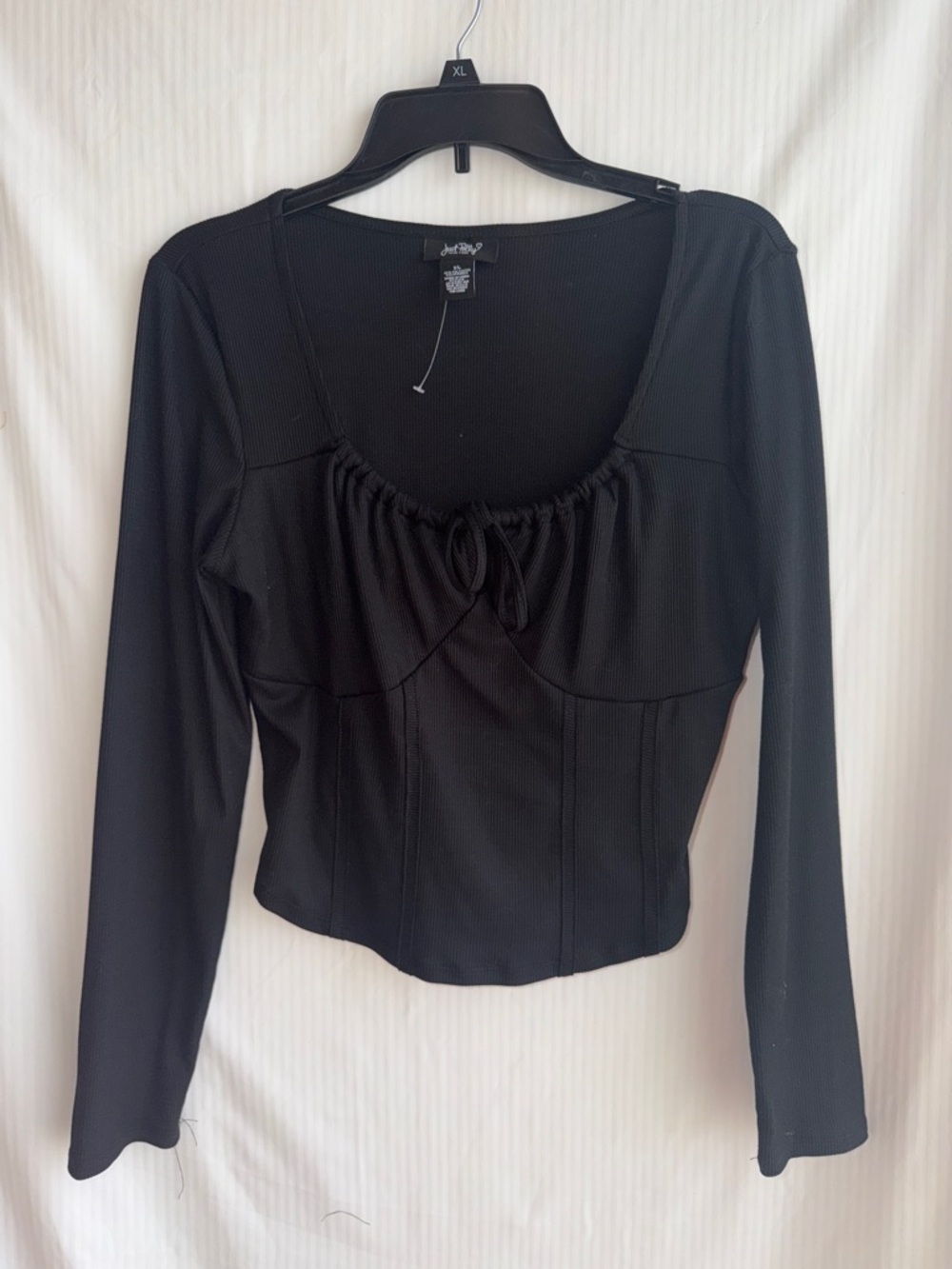 Just My Size Black Long Sleeve Scoop-Neck Tie-Front Top